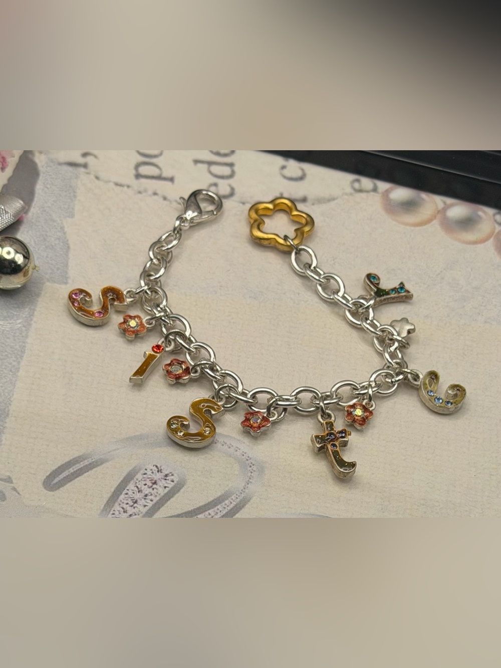 “Sister” Two-Tone Silver and Gold Charm Bracelet with Floral Accents